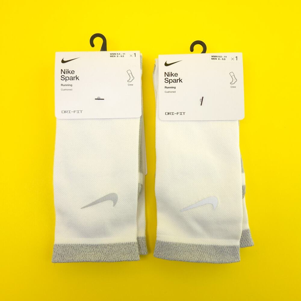 2 Pack Nike Spark Cushioned Crew Running Socks Size Medium 8-9.5 Mens White